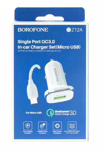 АЗУ 2в1 BOROFONE BZ12A, Type-C, 3.0A, 1 USB, 5V/9V/12V, 1.0 м, белый