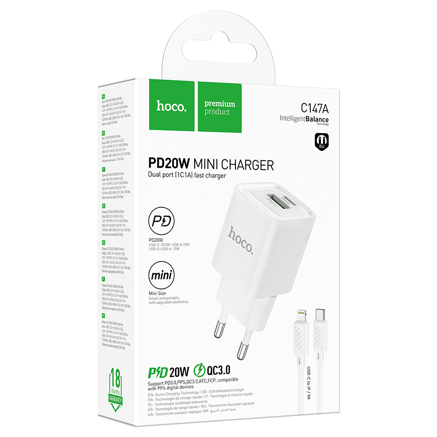 СЗУ 2в1 hoco C147A, Apple 8 pin/Type-C, 3.0А, 1 USB/1Type-C, 20W, 1.0 м, белый