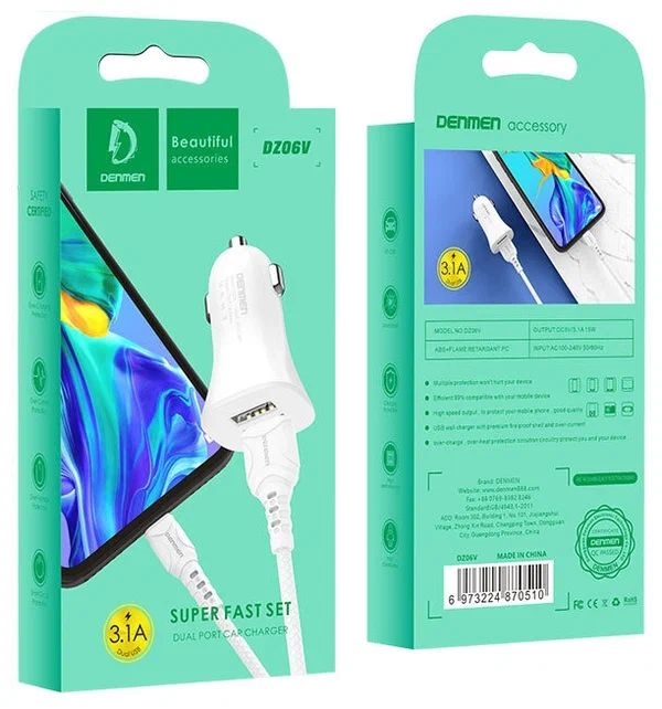 АЗУ 2в1 Denmen DZ06V, micro USB, 3.1А, 2 USB, 5V, 1.0 м, белый