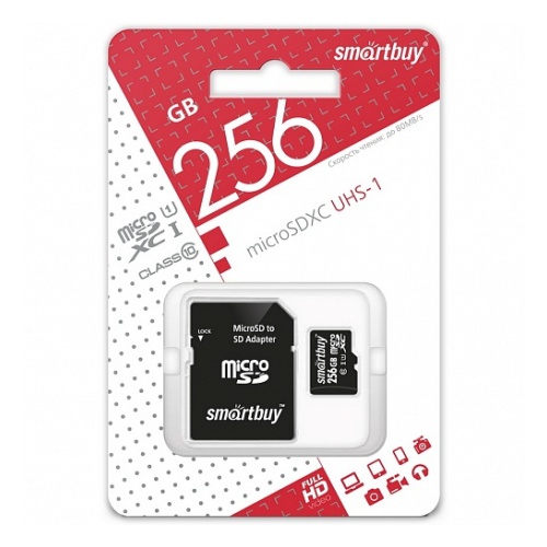 Карта памяти smartbuy micro SDXC 256Gb UHS-I, class 10, с адаптером