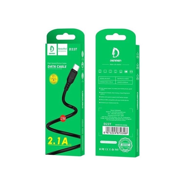 USB-кабель Denmen D23T, Type-C, силикон, 2.0 м, круглый, черный
