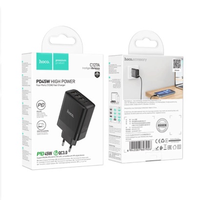 АП сетевой hoco C127A, 3.0А, 3USB/1Type-C, PD 45W, пластик,ччерный