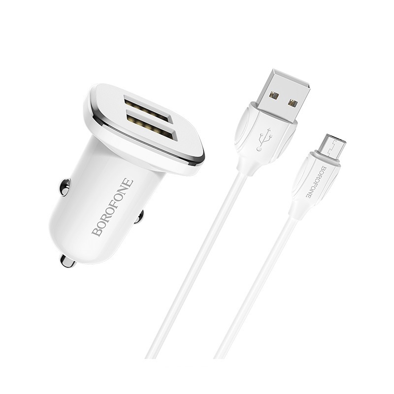 АЗУ 2в1 BOROFONE BZ12, micro USB, 2.4А, 2 USB, 5V, 1.0 м, белый