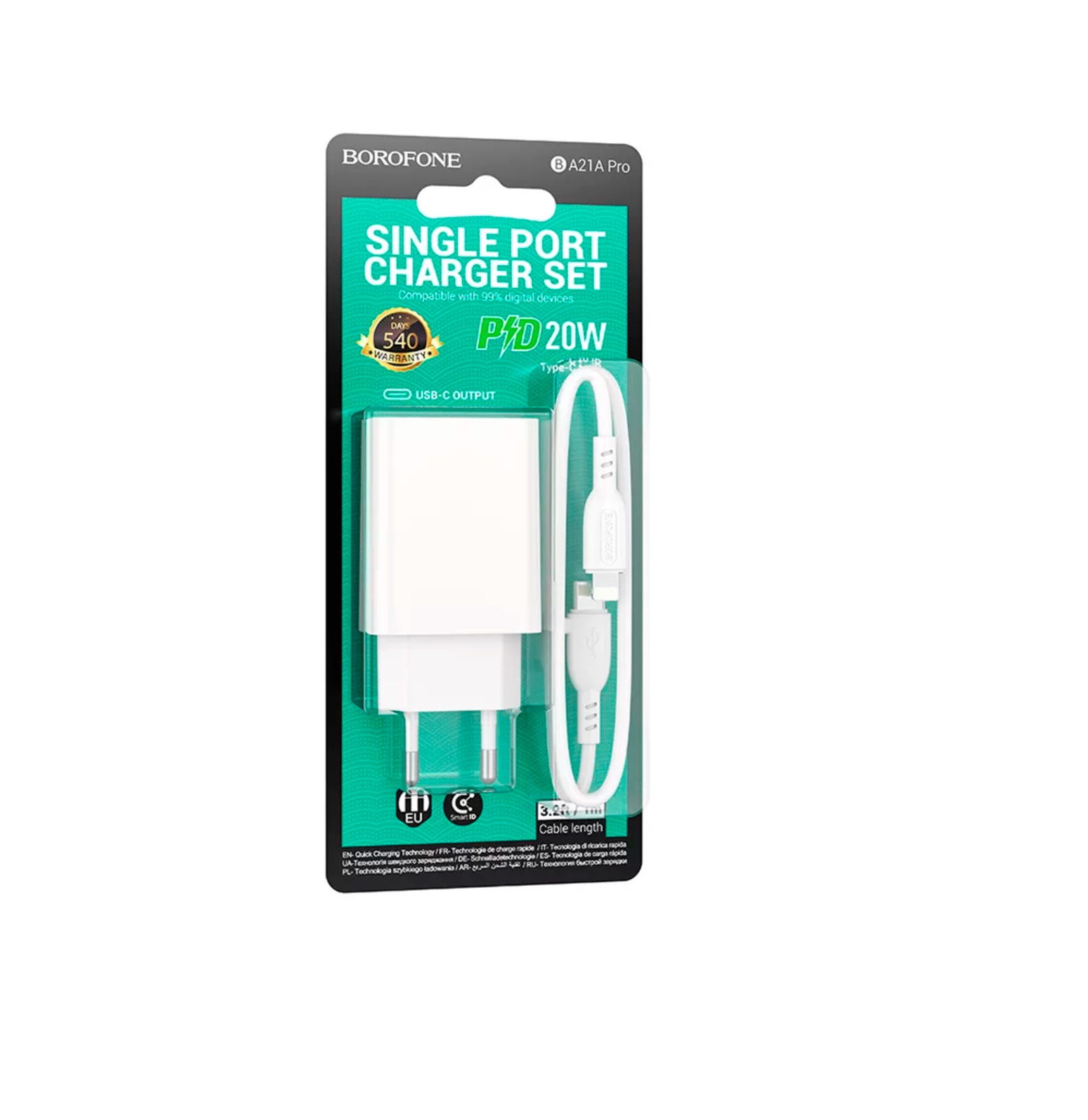 СЗУ 2в1 BOROFONE BA21A Pro, Type-C-Aplle-8 pin, 3.0A, 1 Type-C, 5V, PD 20W,  1.0 м, белое