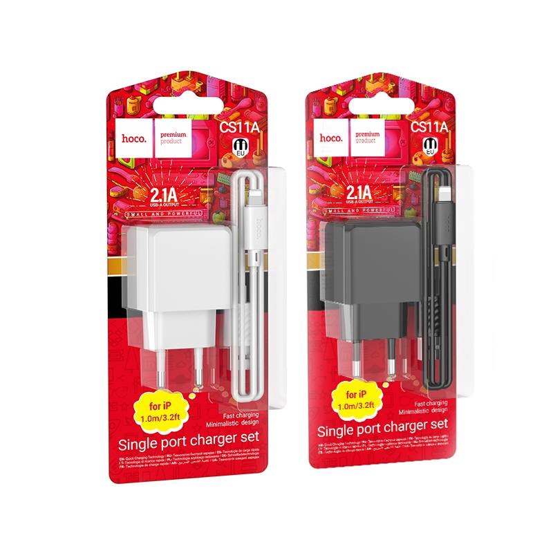 СЗУ 2в1 hoco CS11A, Apple-8pin, 2.1А, 1 USB, 5V, 1.0 м, белое