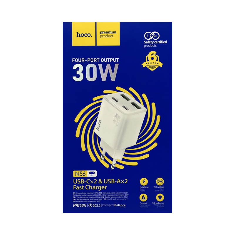 АП сетевой hoco N56, 2USB/2Type-C, 3.0А, PD30W, пластик, белый