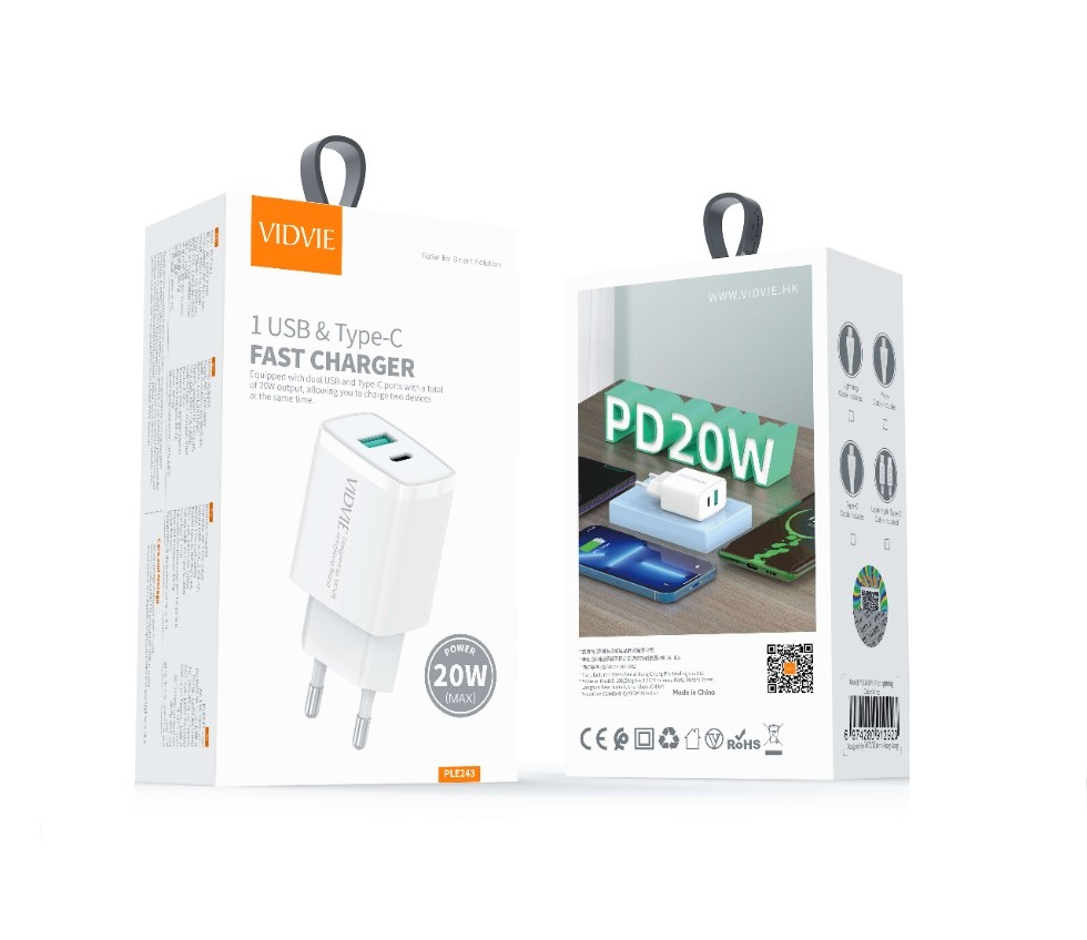 СЗУ 2в1 VIDVIE PLE243, Type-C, 20W, 1 USB/1 Type-C, 5V, 1.0 м, белое