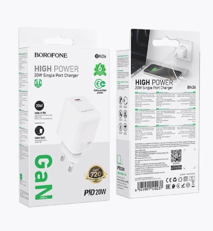 АП сетевой BOROFONE BN26, QC 3.0A, 1 Type-C, PD 20 W, пластик, белый