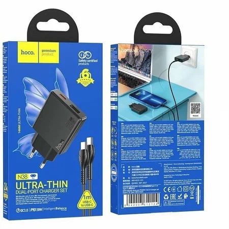 Сетевое зарядное устройство 2в1 hoco N38, Type-C-Apple-8pin, 1Type-C/1 USB3.0A, 20W, 1.0 м, черное