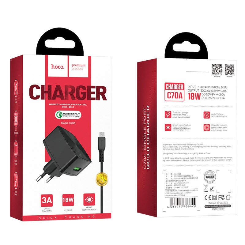 СЗУ 2в1 hoco C70A, micro USB, 3.0А, 1 USB, 18W, 1.0 м, черный