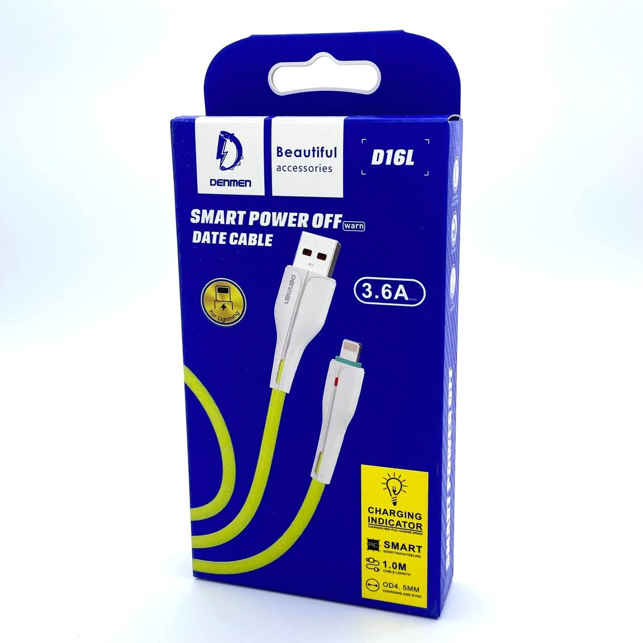 USB-кабель Denmen D16L, Apple 8 pin, силикон, 1.0 м, круглый, желтый