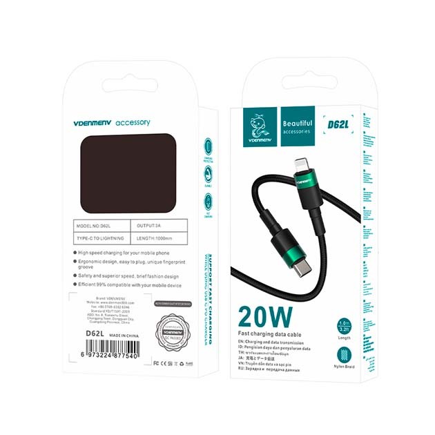 USB-кабель Denmen D62L, Type-C/Aplle-8pin, нейлон, 1.0 м, круглый, зеленый