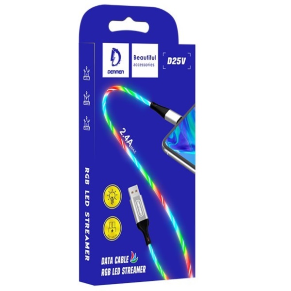 USB-кабель Denmen D25V, micro USB, силикон, 1.0 м, круглый, с подсветкой, розовый