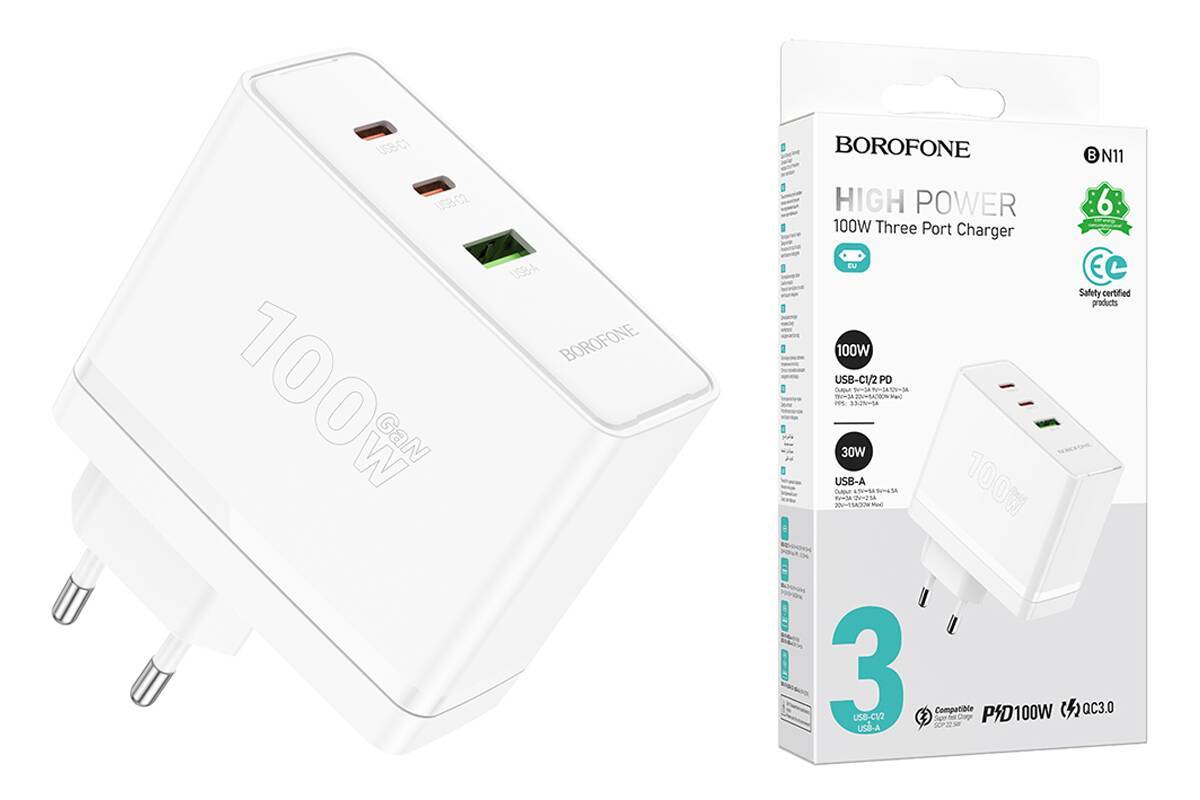 АП сетевой BOROFONE BN11, QC 3.0A, 1 USB/2 Type-C, 100W, пластик, белый