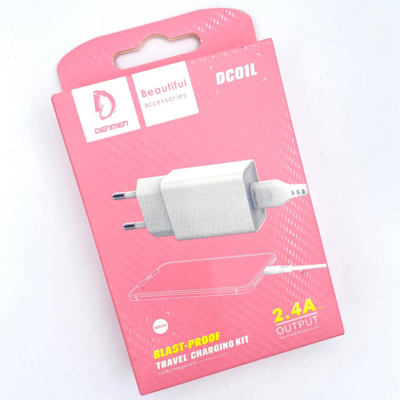 СЗУ 2в1 Denmen DC01L, Apple 8 pin, 2.4А, 1 USB, 5V, 1.0 м, белый