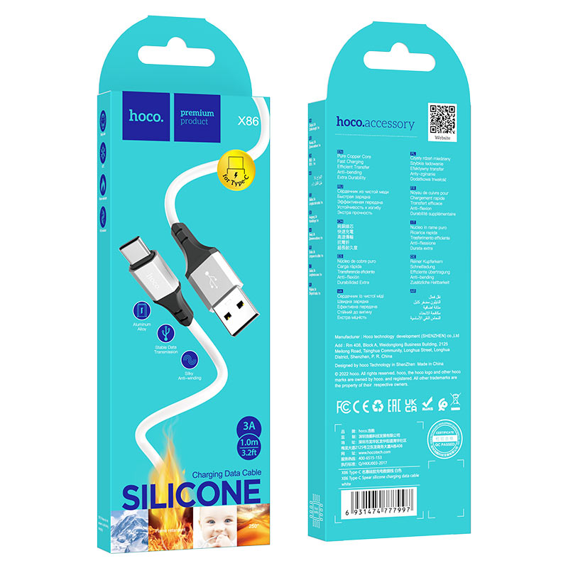 USB-кабель hoco X86, Type-C, силикон, 1.0 м, круглый, белый