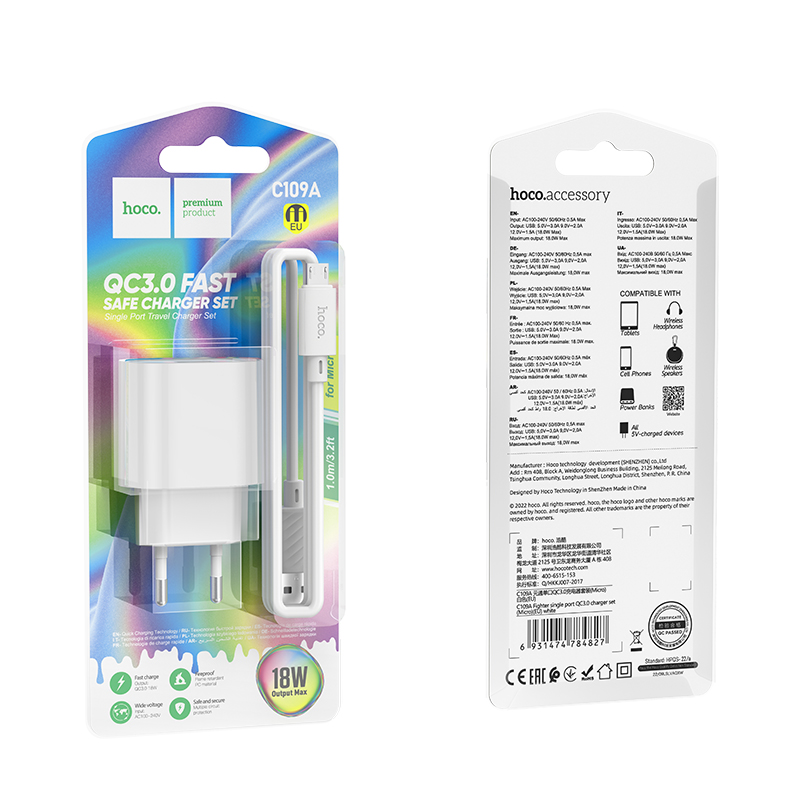 СЗУ 2в1 hoco C109A, micro, 3.0A, 1 USB, 18W, 1.0 м, белый