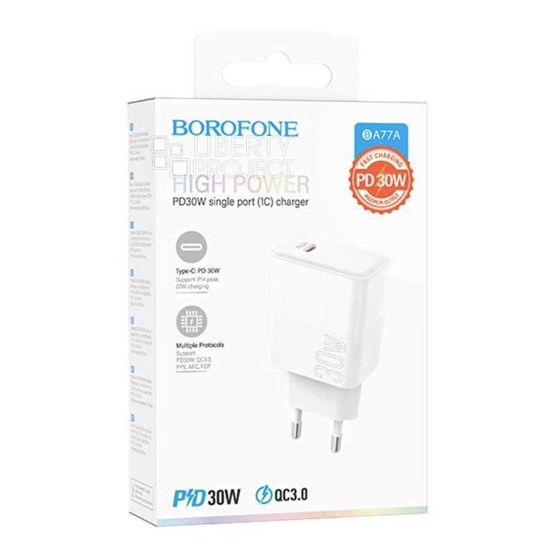 АП сетевой BOROFONE BA77A, 3.0A, 1 Type-C, PD 30W, пластик, белый