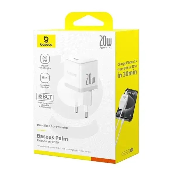 СЗУ 2-в-1 Baseus Palm Fast  P10111602213-01, 3.0А, 1 Type-C, 20W, пластик, белый