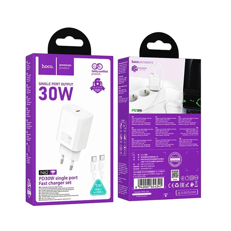 АП сетевой hoco N62, 3.0А, 1 Type-C, 30W, пластик, черный