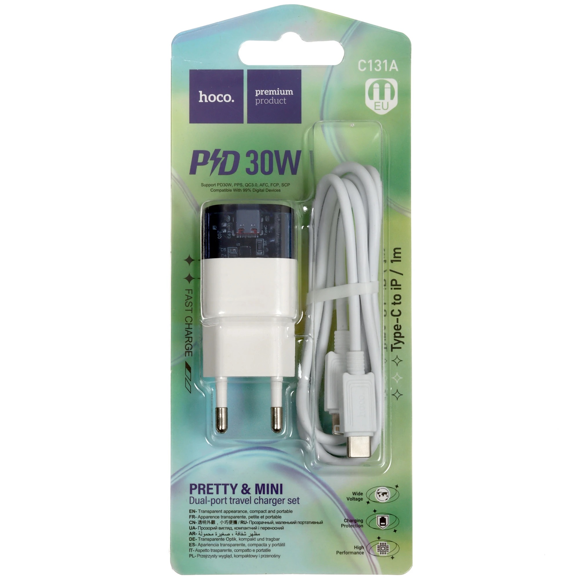 АП сетевой hoco C131A, QC 3.0, 1Type-C/1 USB, PD30W, пластик, черно-белый