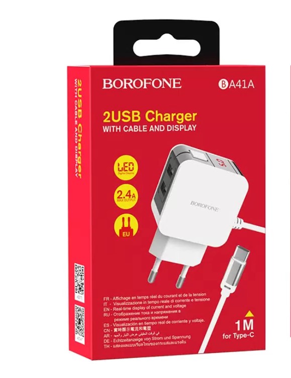 СЗУ 2в1 Borofone BA41A, Type-C, 5V/ 2.0А, 2 USB, 1.0 м, белое