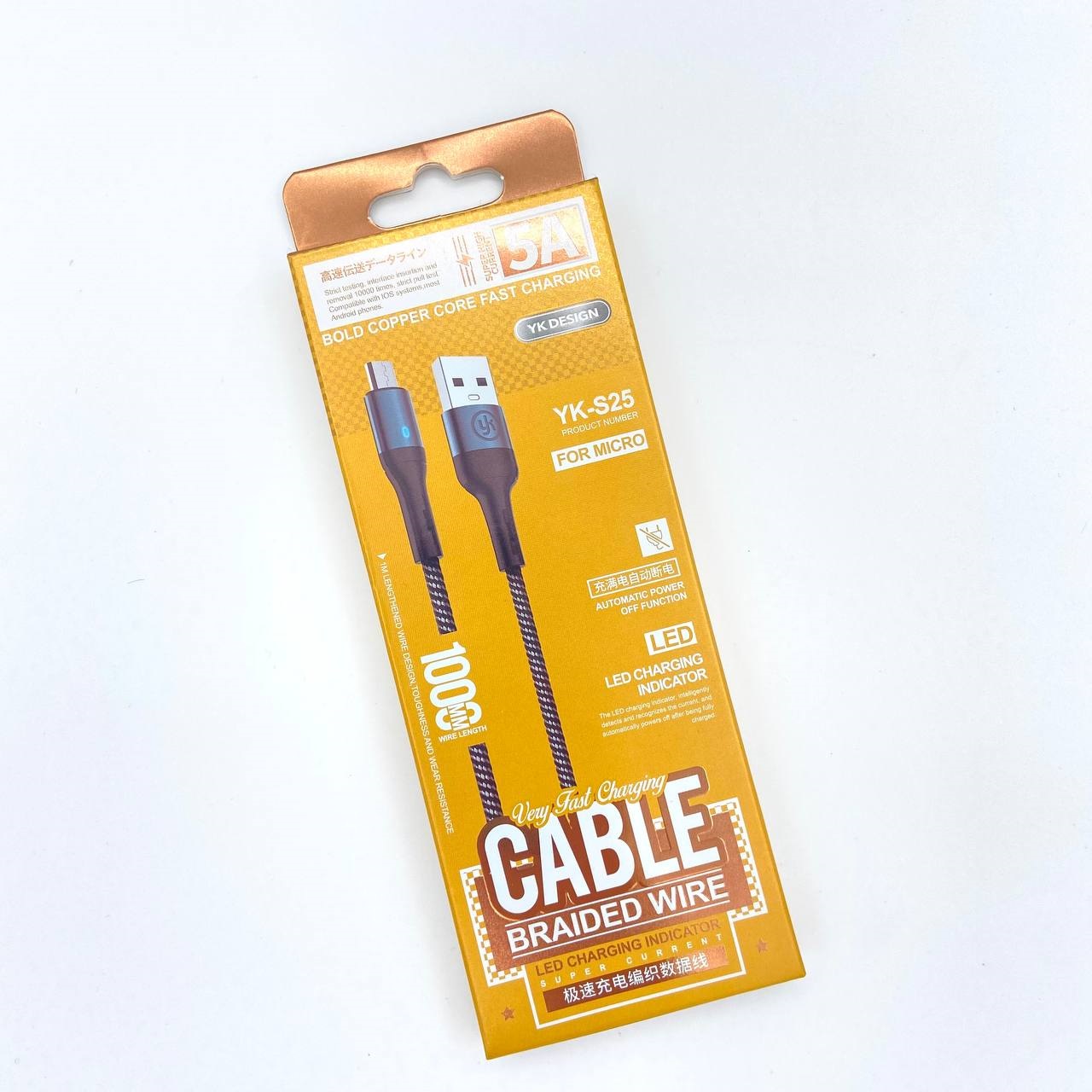 USB-кабель YK DESIGN YK-S25, micro USB, нейлон, 1.0 м, круглый, черный