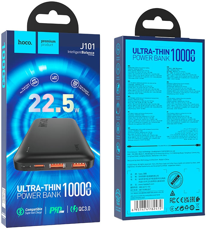 Powerbank hoco J101, 10000 мАч, 3.0A, 2 USB, пластик, PD, заряд через microUSB/Type-C/2USB, черный