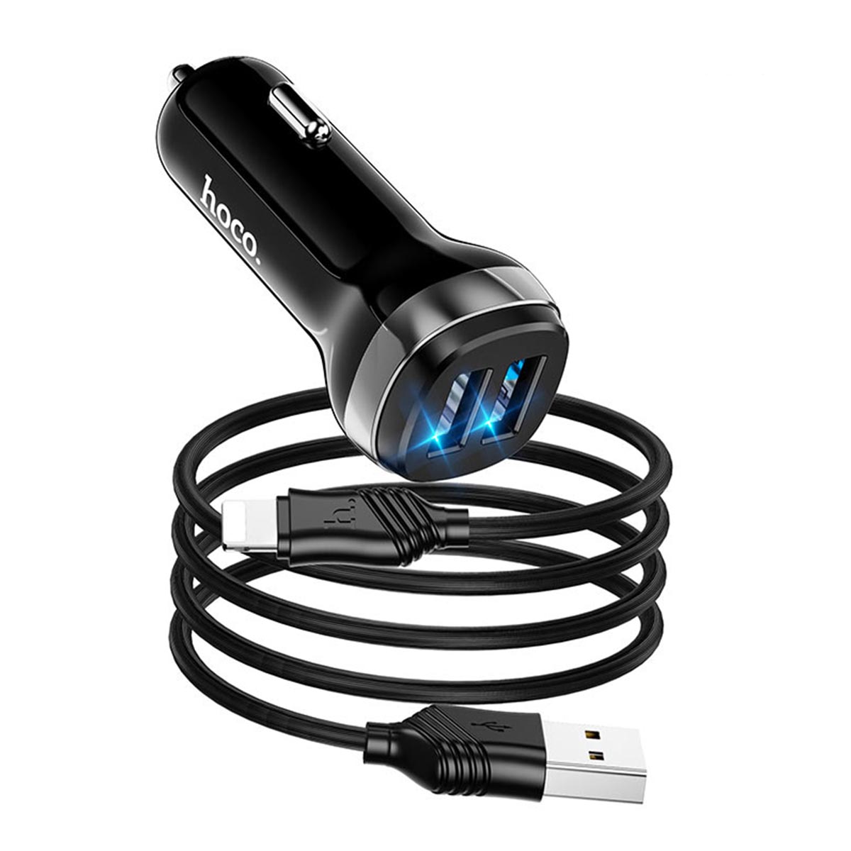 АЗУ 2в1 hoco Z40, Apple 8 pin, 2.4А, с подсветкой, 2 USB, 5V, 1.0 м, черный