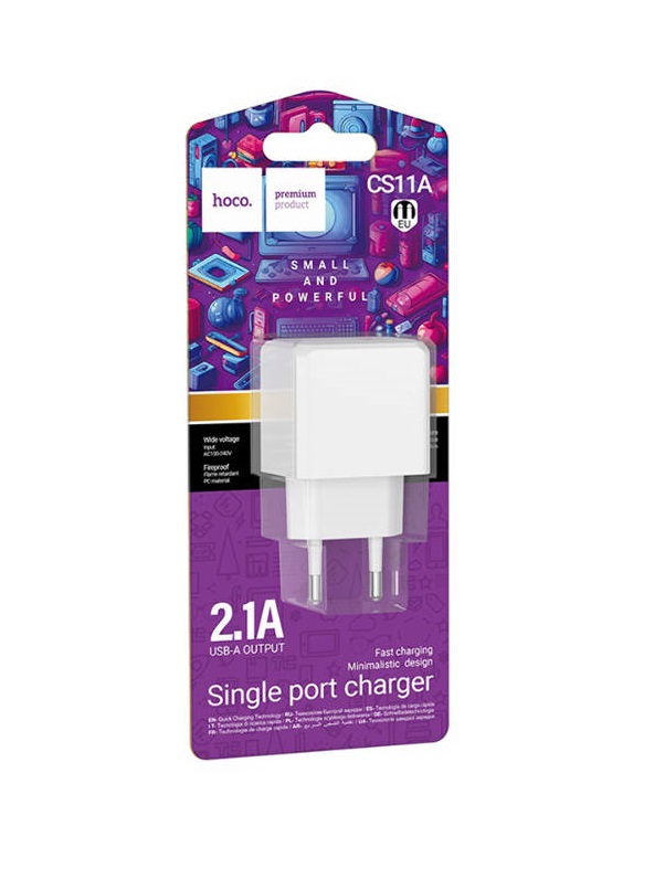 АП сетевой hoco CS11A, 2.1А, 1 USB, 5V, пластик, белый