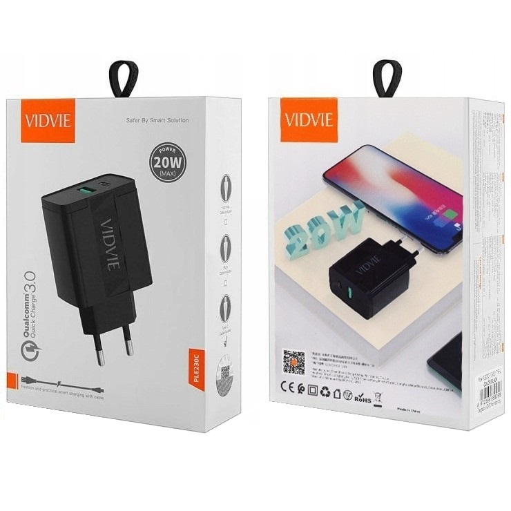 СЗУ 2в1 VIDVIE PLE230, Apple 8 pin, 3.0А, 1USB/1 Type-C, 5V, 1.0 м, черное