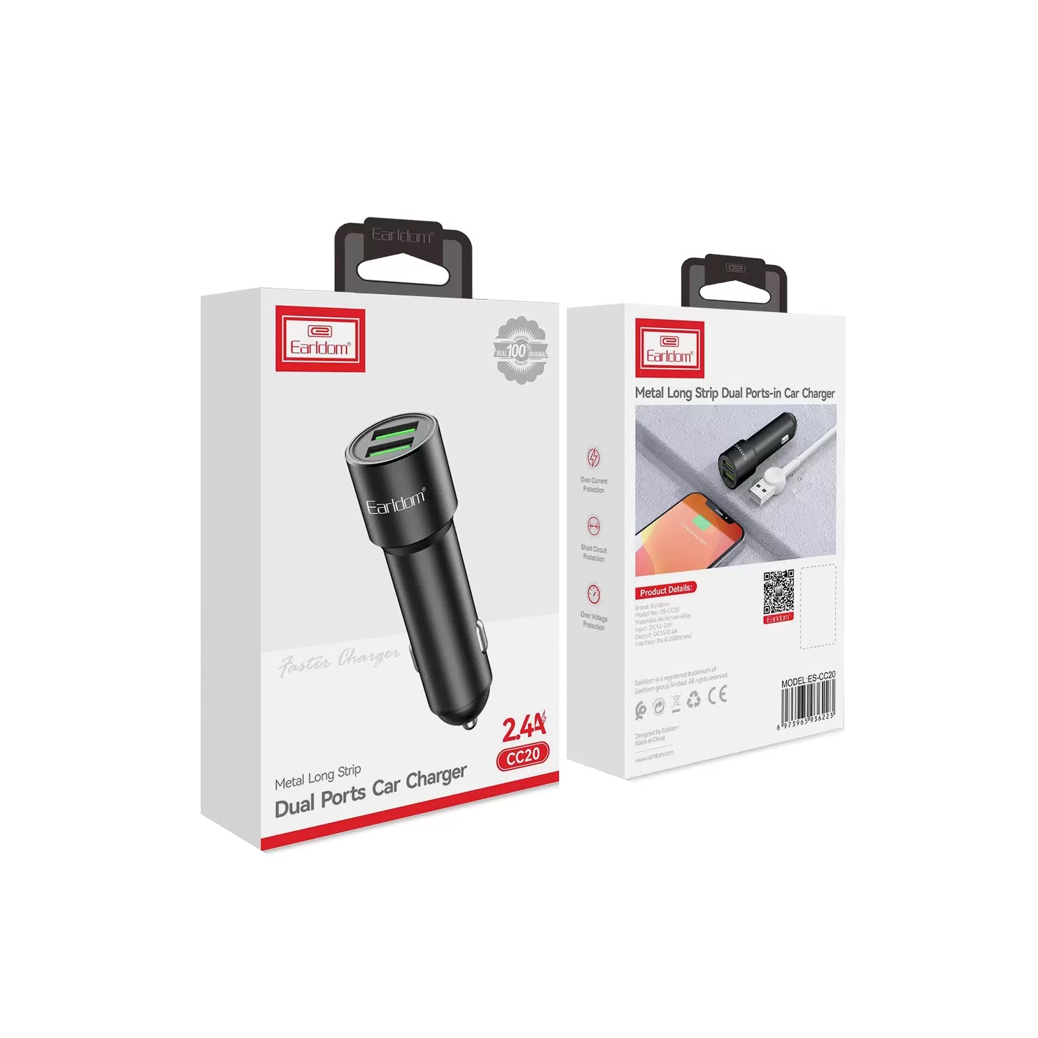 CЗУ 2в1 Earldom ES-CC20, Apple-8pin, 2.4А, 2USB, 1.0 м, черное