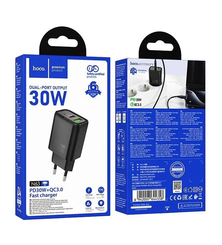 АП сетевой hoco N63, 3.0А, 1 Type-C/1USB, 30W, пластик, черный