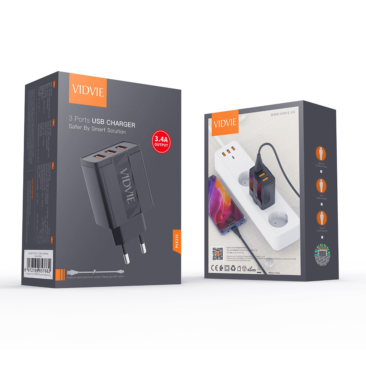 СЗУ 2в1 VIDVIE PLE231, Type-C, 3.4А, 3USB, 5V, 1.0 м, черный