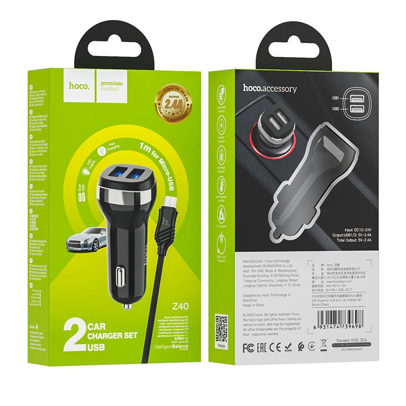 АЗУ 2в1 hoco Z40, micro USB, 2.4А, с подсветкой, 2 USB, 5V, 1.0 м, черный
