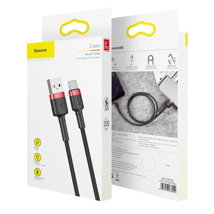 USB-кабель Baseus CATKLF-B91, Type-C, ткань, 1.0 м, круглый, мет. разъем, черно-красный