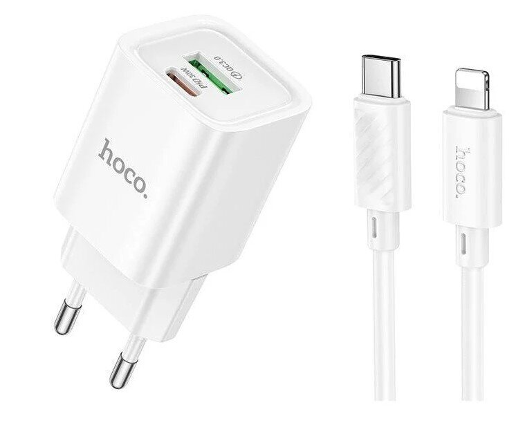 СЗУ 2в1 hoco C149A, Apple 8 pin/Type-C, 3.0А, 1 USB/1Type-C, 20W, 1.0 м, белый