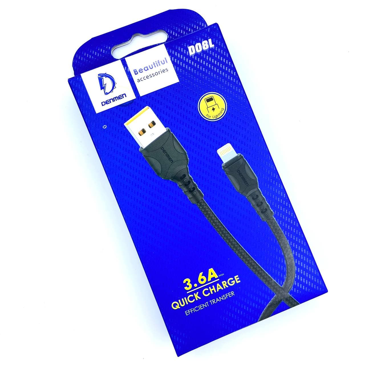 USB-кабель Denmen D08L, Apple 8 pin, силикон, 1.0 м, круглый, черный