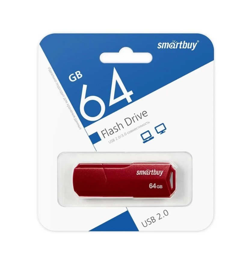 USB флэш-накопитель smartbuy 64Gb Clue, USB 2.0, пластик, бордовый