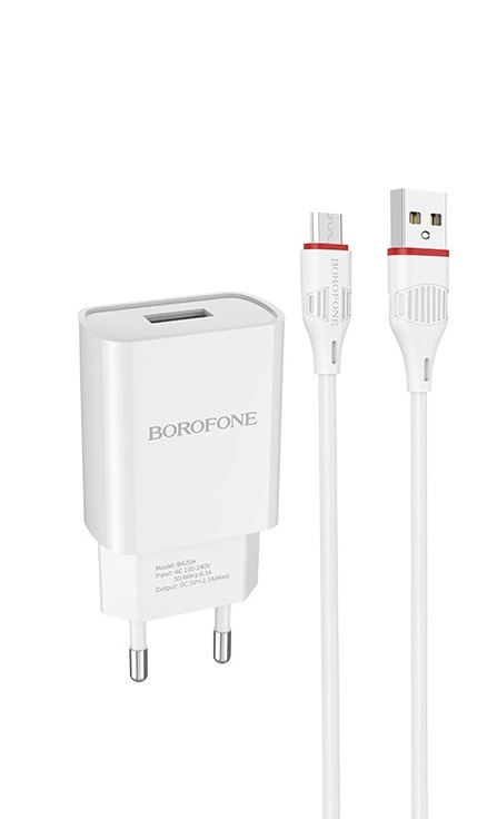 СЗУ 2в1 BOROFONE BA20A, micro USB, 2.1А, 1 USB, 5V, 1.0 м, белый