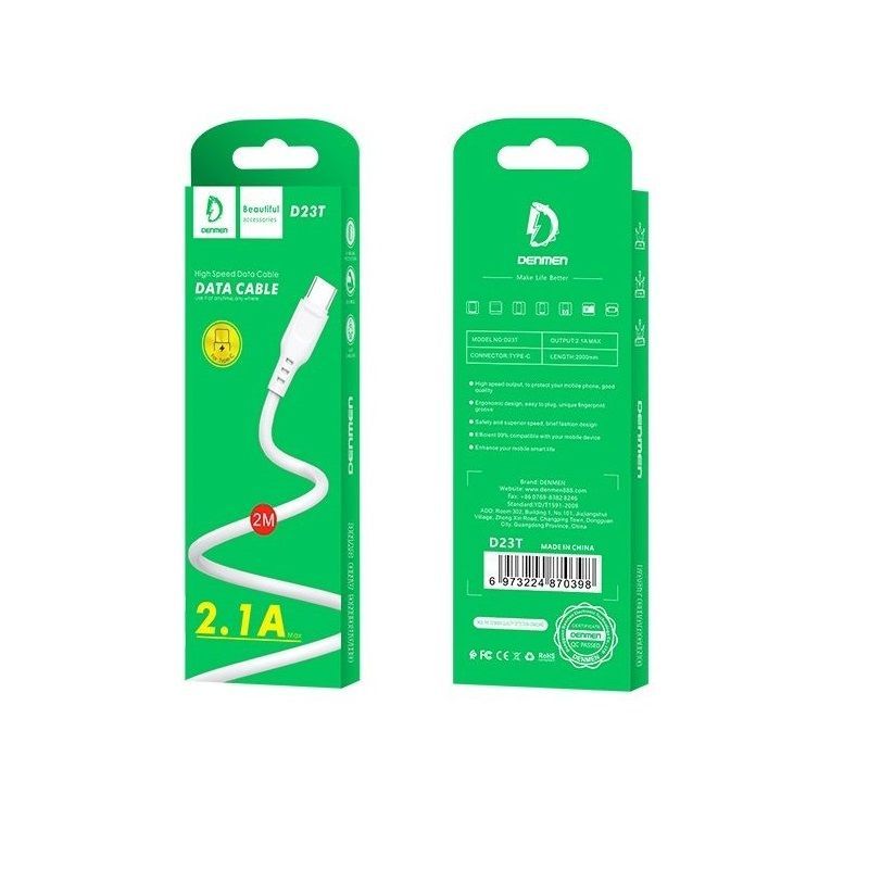 USB-кабель Denmen D23T, Type-C, силикон, 2.0 м, круглый, белый